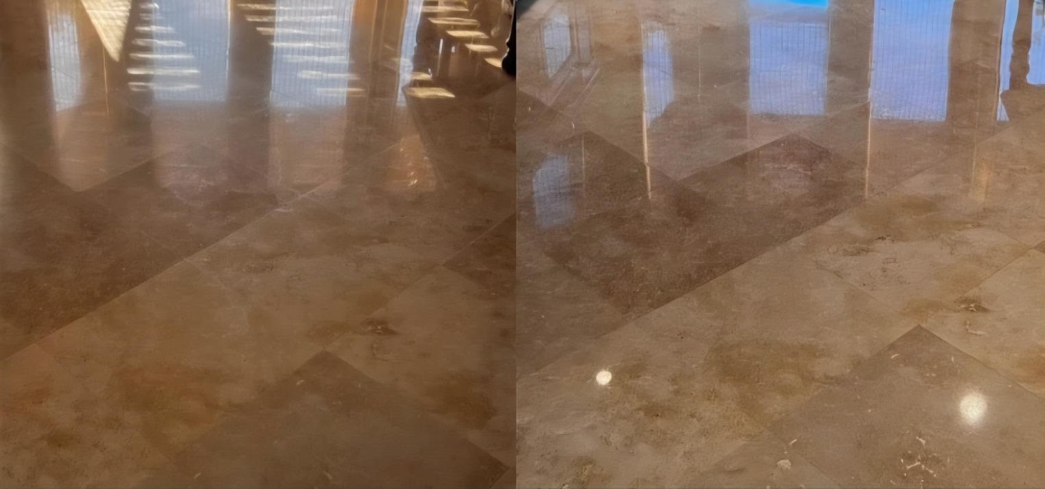 Polished stone floor reflecting overhead lights